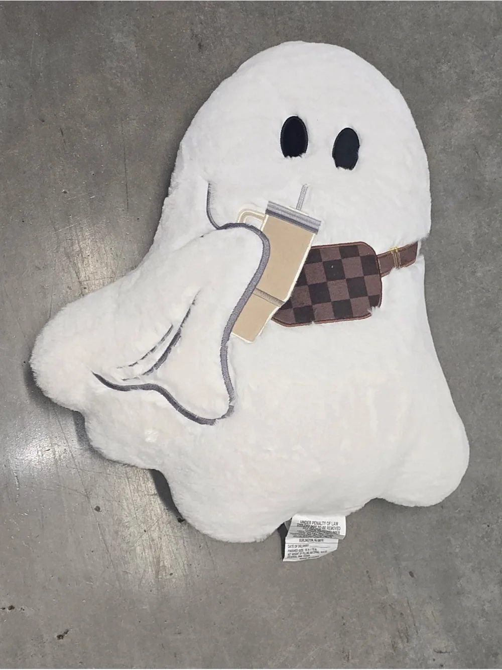 White Ghost Plush Pillow with Checkered Fanny Pack Design